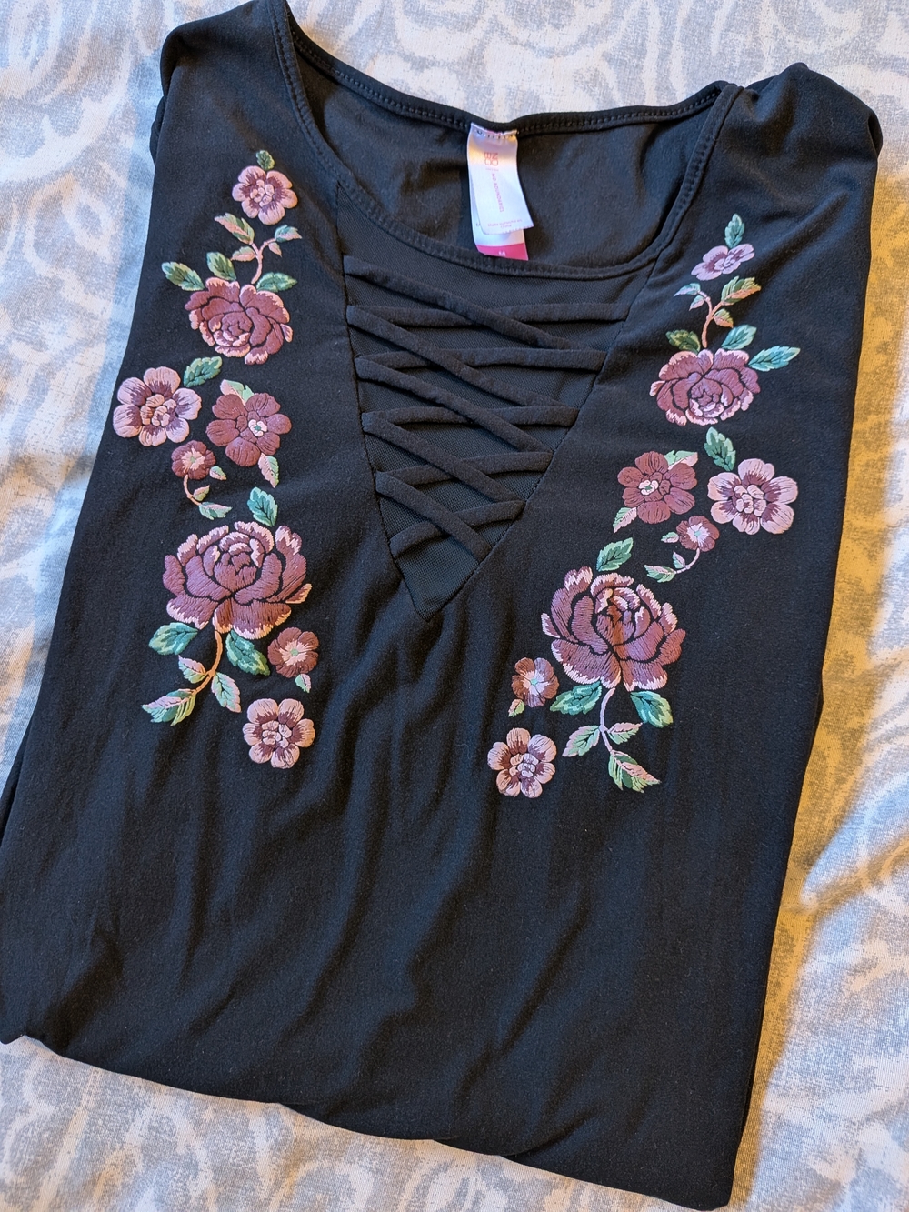 No Boundaries Black Lace-Up V-Neck Top with Pink Floral Embroidery